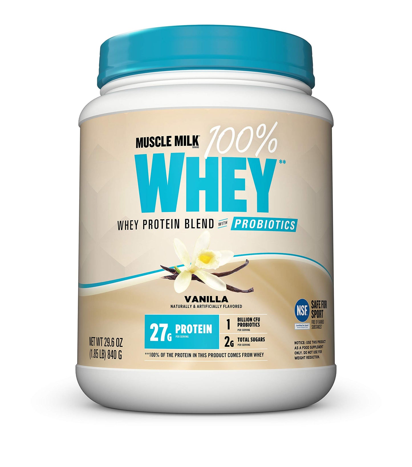 Muscle Milk 100% Whey Protein Powder, Vanilla, 5 Pound, 68 Servings, 25g Protein, 2g Sugar, Low in Fat, NSF Certified for Sport, Energizing Snack, Workout Recovery, Packaging May Vary