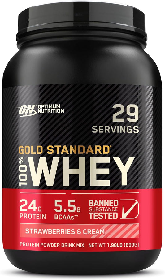 Optimum Nutrition Gold Standard 100% Whey Protein Powder, Strawberries & Cream, 2 Pound (Packaging May Vary)