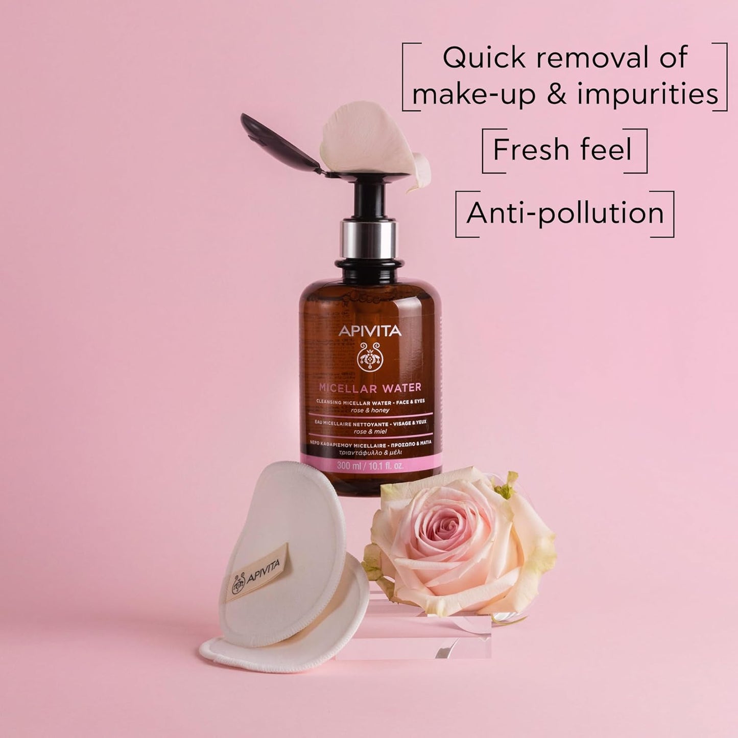 Apivita Micellar Water, Hydrating & Noursishing Cleansing Micellar Water for Face & Eyes with Rose & Honey