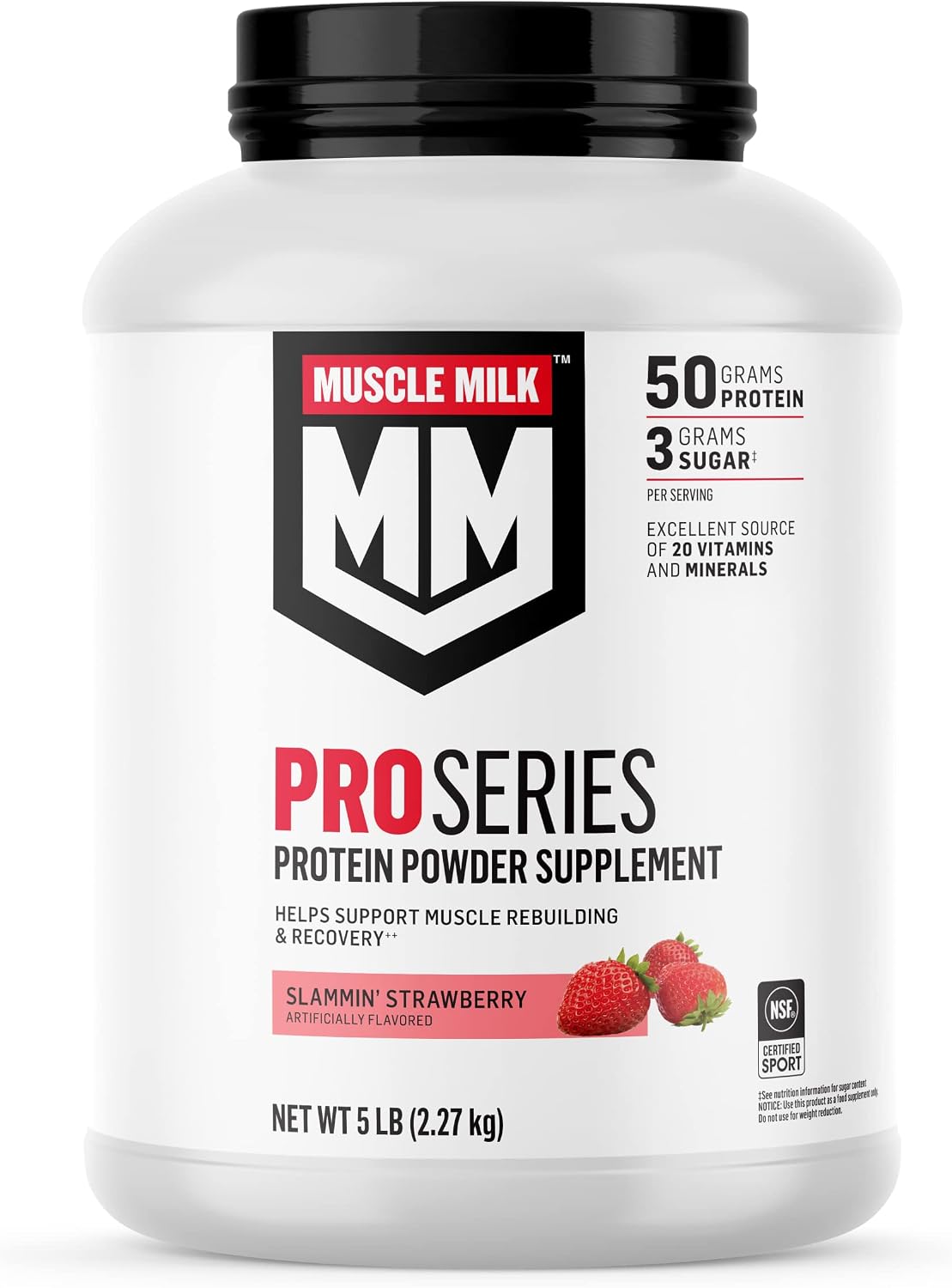 MUSCLE MILK Pro Series Protein Powder Supplement, Slammin' Strawberry, 5 Pound, 28 Servings, 50g Protein, 3g Sugar, 20 Vitamins & Minerals, NSF Certified for Sport, Packaging May Vary