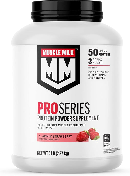 MUSCLE MILK Pro Series Protein Powder Supplement, Slammin' Strawberry, 5 Pound, 28 Servings, 50g Protein, 3g Sugar, 20 Vitamins & Minerals, NSF Certified for Sport, Packaging May Vary
