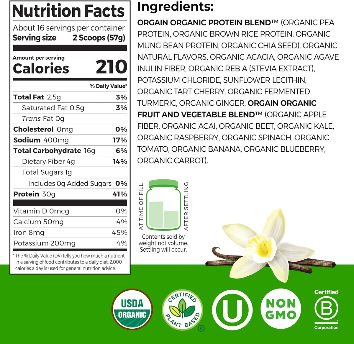 Orgain Organic Vegan 30g High Protein Powder, Vanilla, 2.01 lb