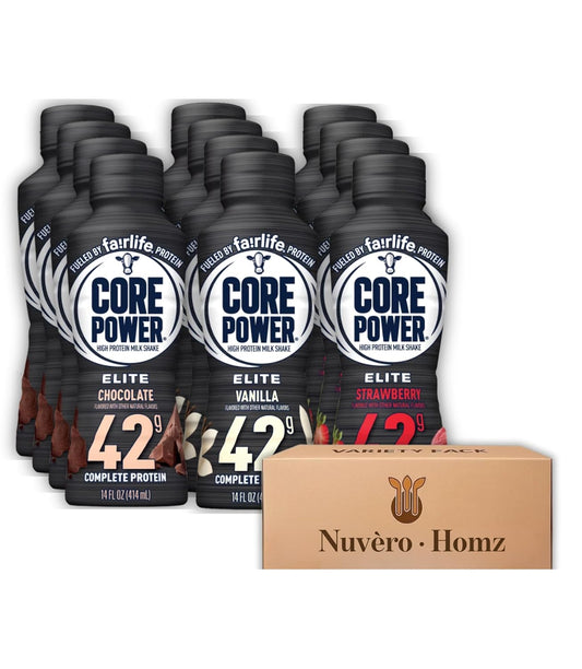 Core Power Elite 42g Protein Shake Variety Pack – 12 Bottles (Chocolate, Strawberry & Vanilla, 14 fl oz Each) – Ready-to-Drink High Protein Milk Shake – Custom Flavor Assortment Exclusively Packaged by Nuvèro Homz