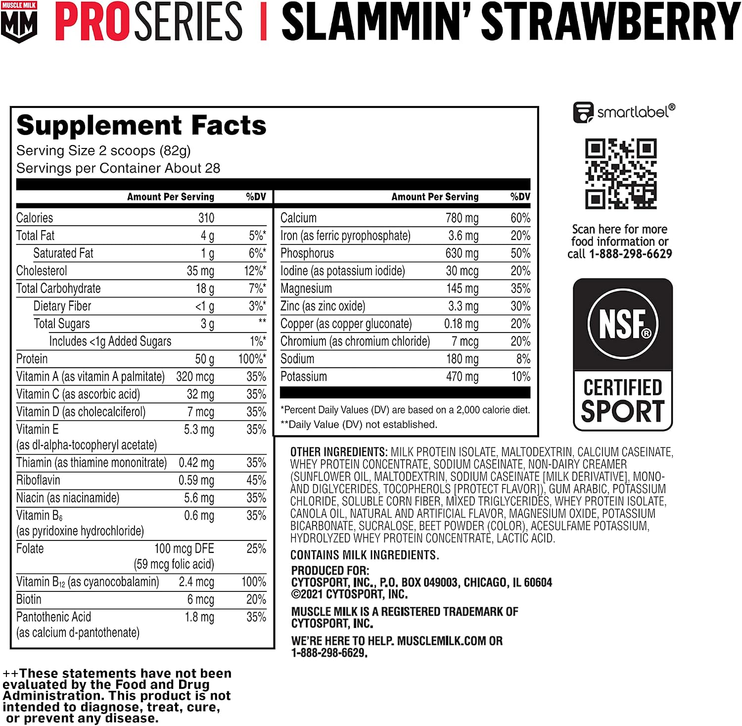 MUSCLE MILK Pro Series Protein Powder Supplement, Slammin' Strawberry, 5 Pound, 28 Servings, 50g Protein, 3g Sugar, 20 Vitamins & Minerals, NSF Certified for Sport, Packaging May Vary
