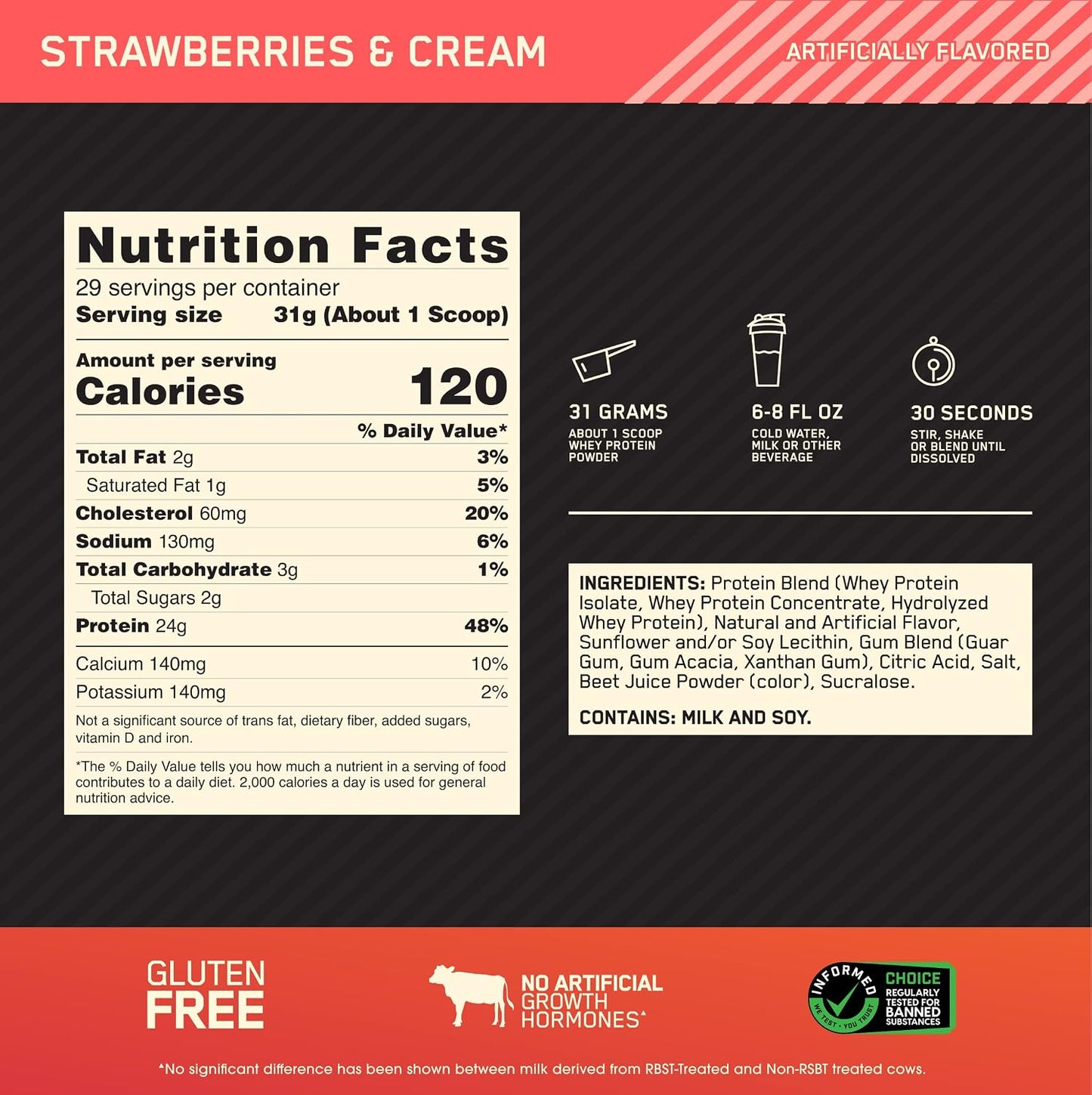 Optimum Nutrition Gold Standard 100% Whey Protein Powder, Strawberries & Cream, 2 Pound (Packaging May Vary)
