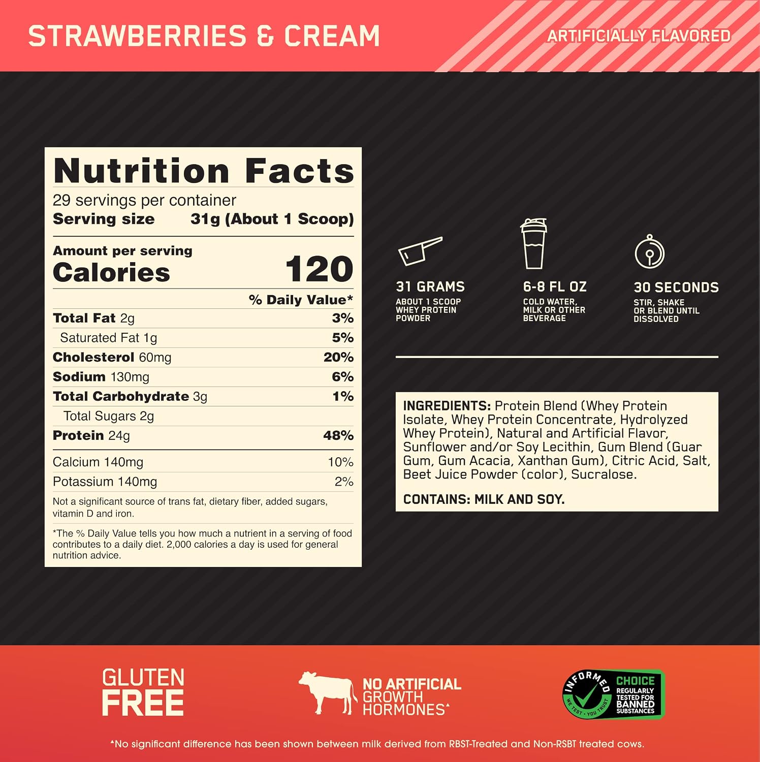 Optimum Nutrition Gold Standard 100% Whey Protein Powder, Strawberries & Cream, 2 Pound (Packaging May Vary)