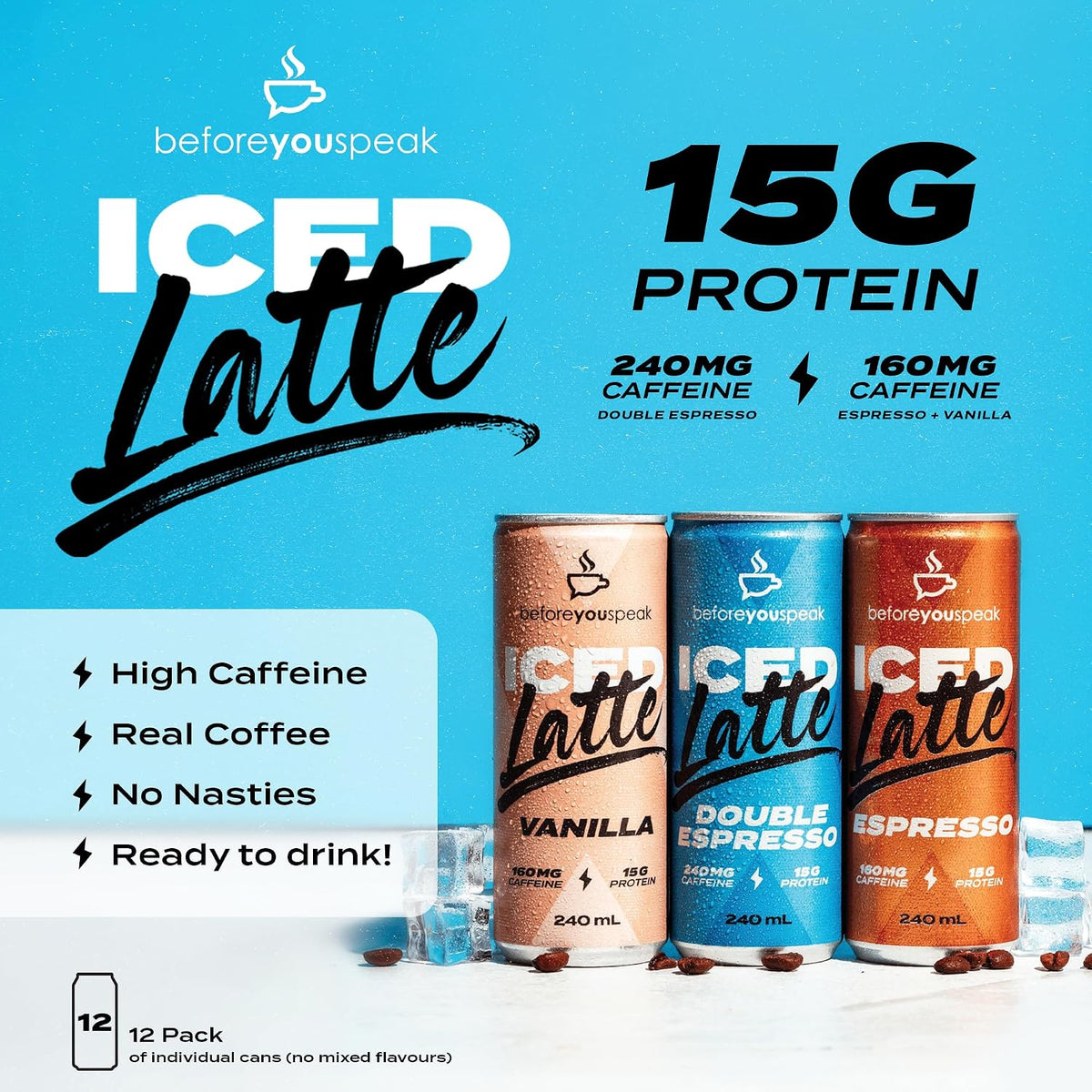 Beforeyouspeak Protein Coffee, Iced Vanilla Latte, High Caffeine, 12 Pack