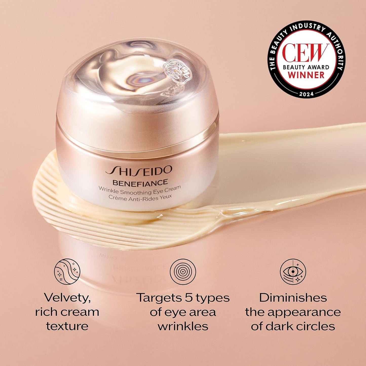 Shiseido Benefiance Wrinkle Smoothing Eye Cream - 15 mL - Visibly Improves Five Types of Eye Wrinkles, Dark Circles & Puffiness - 48-HR Hydration - All Skin Types - Non-Comedogenic